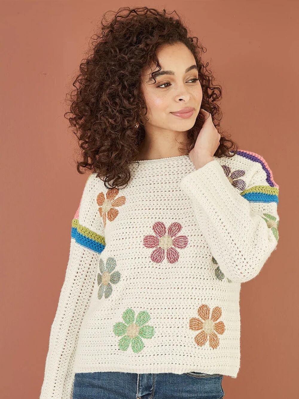 Mello. Crochet Flower Long Sleeve Boat Neck Jumper Sweater Cream Multi Medium